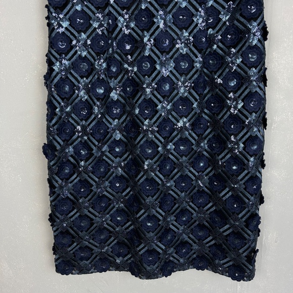 Badgley Mischka size 12 sheath dress navy textured floral sequin short sleeve - Picture 3 of 11